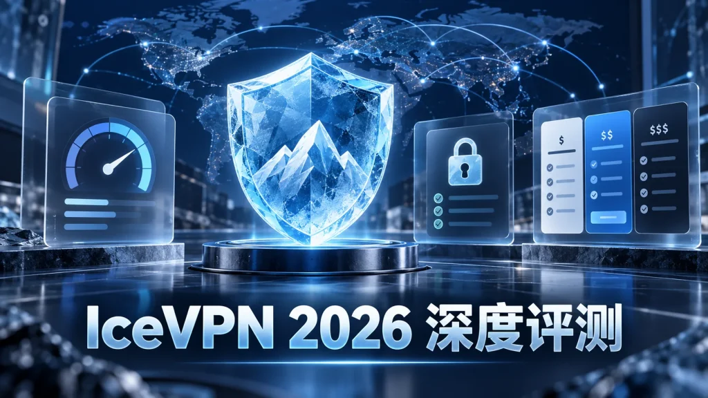 IceVPN 2026评测封面，冰蓝盾牌旁展示速度、隐私和价格评估元素