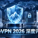IceVPN 2026评测封面，冰蓝盾牌旁展示速度、隐私和价格评估元素